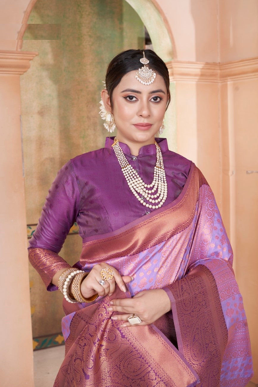 Vsaree Lavender Kanjivaram Silk Saree With Designer Zari Weaving Border And Blouse