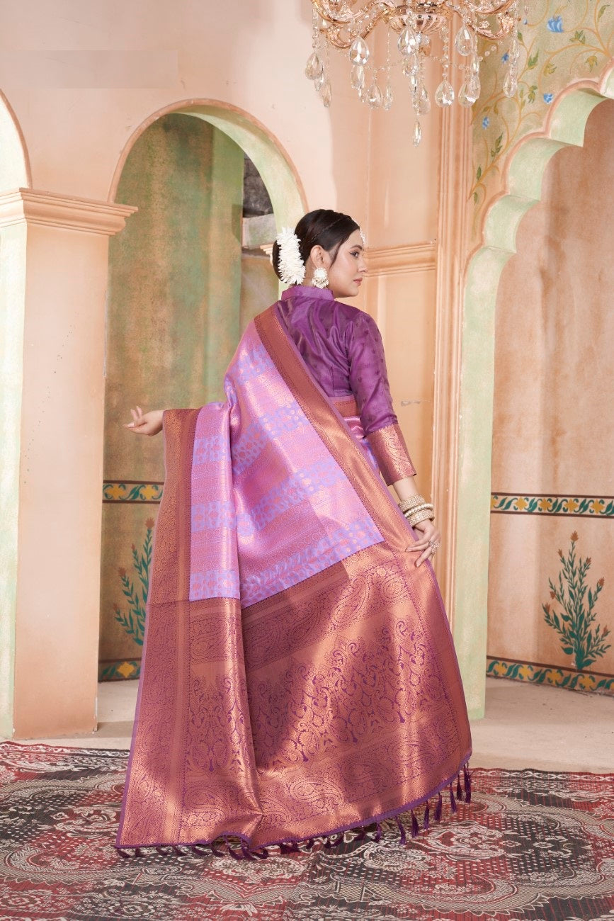 Vsaree Lavender Kanjivaram Silk Saree With Designer Zari Weaving Border And Blouse