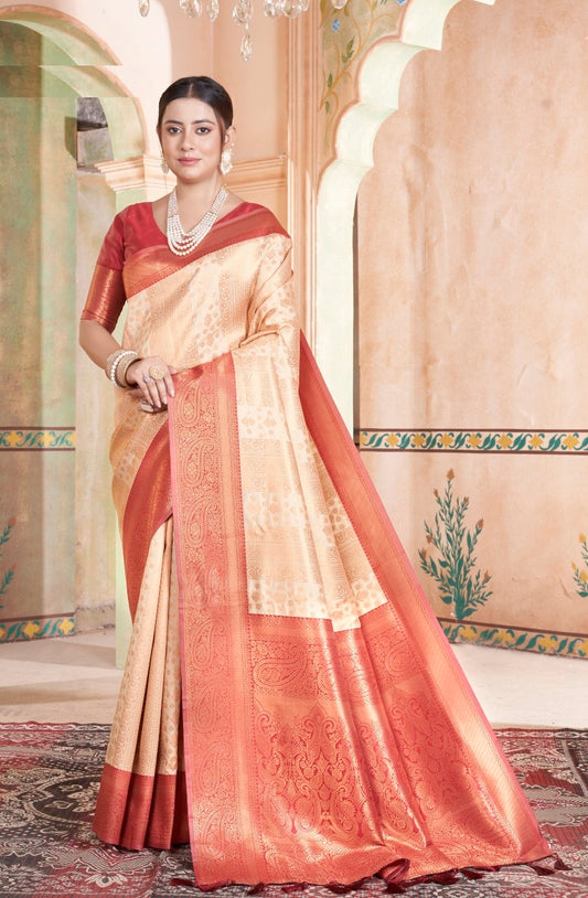 Vsaree Light Peach Kanjivaram Silk Saree With Designer Zari Weaving Border And Blouse