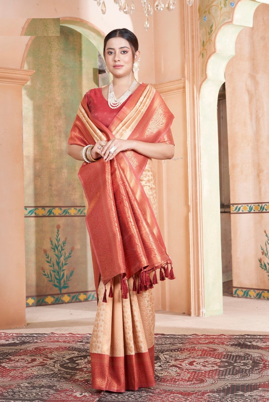 Vsaree Light Peach Kanjivaram Silk Saree With Designer Zari Weaving Border And Blouse