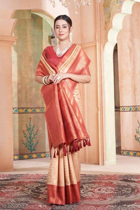 Vsaree Peach Kanjivaram Silk Saree With Designer Zari Weaving Border And Blouse