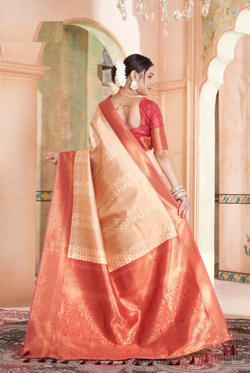 Vsaree Light Peach Kanjivaram Silk Saree With Designer Zari Weaving Border And Blouse