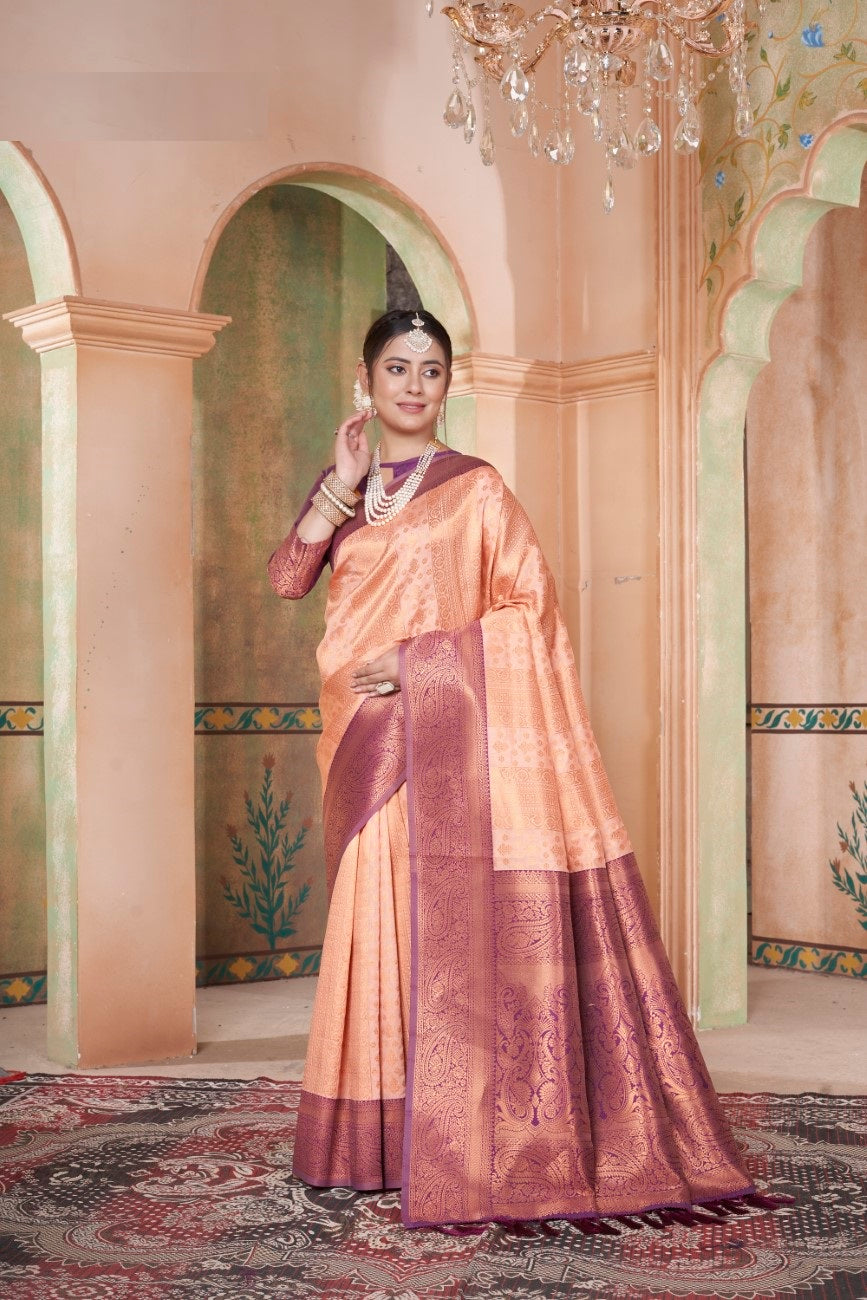 Vsaree Peach Kanjivaram Silk Saree With Designer Zari Weaving Border And Blouse