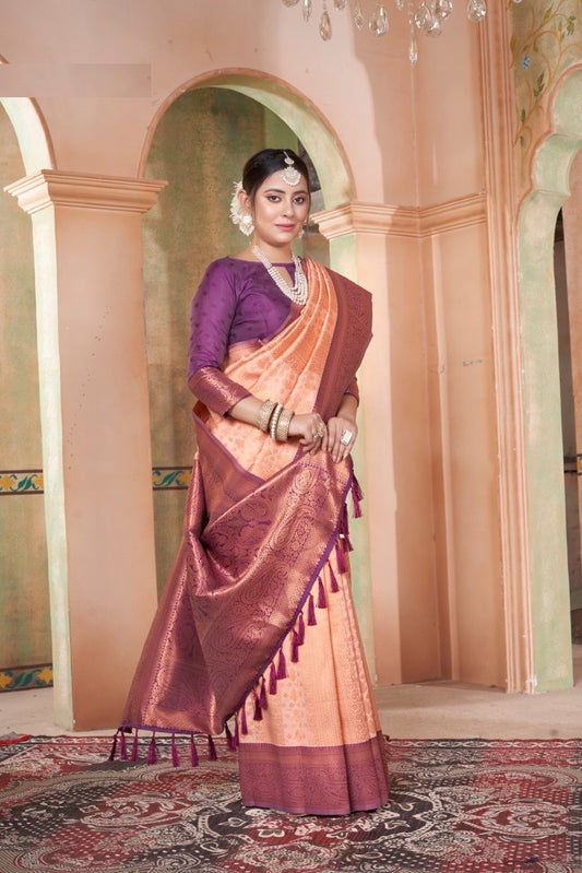 Vsaree Peach Kanjivaram Silk Saree With Designer Zari Weaving Border And Blouse