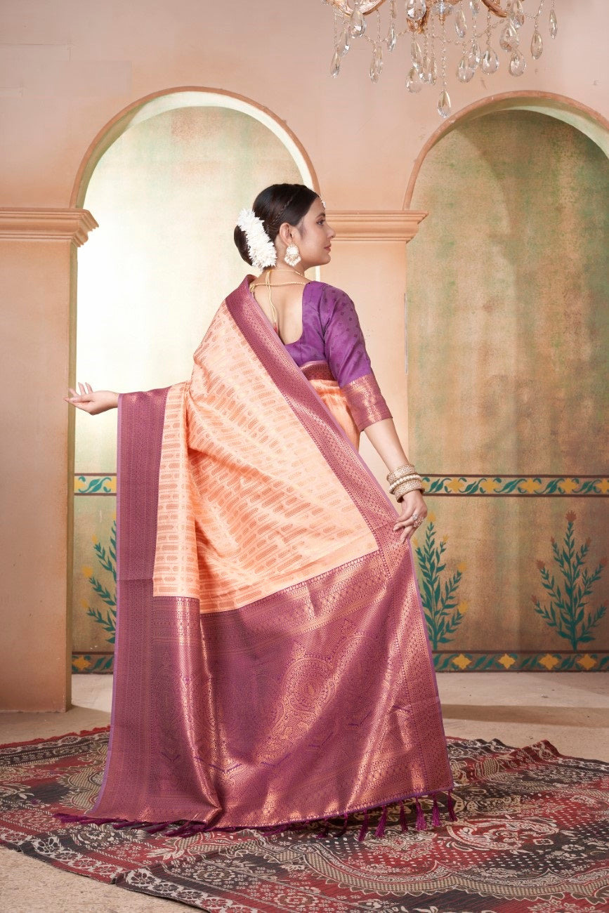 Vsaree Peach Kanjivaram Silk Saree With Designer Zari Weaving Border And Blouse