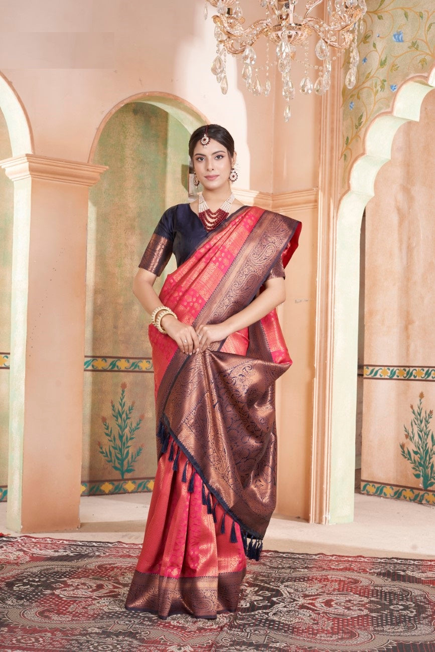 Vsaree Pink Kanjivaram Silk Saree With Designer Zari Weaving Border And Blouse