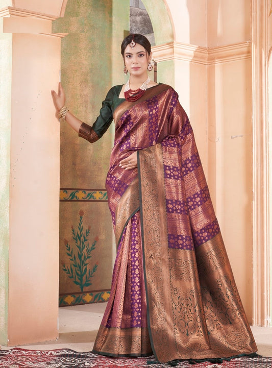 Vsaree Purple Kanjivaram Silk Saree With Designer Zari Weaving Border And Blouse