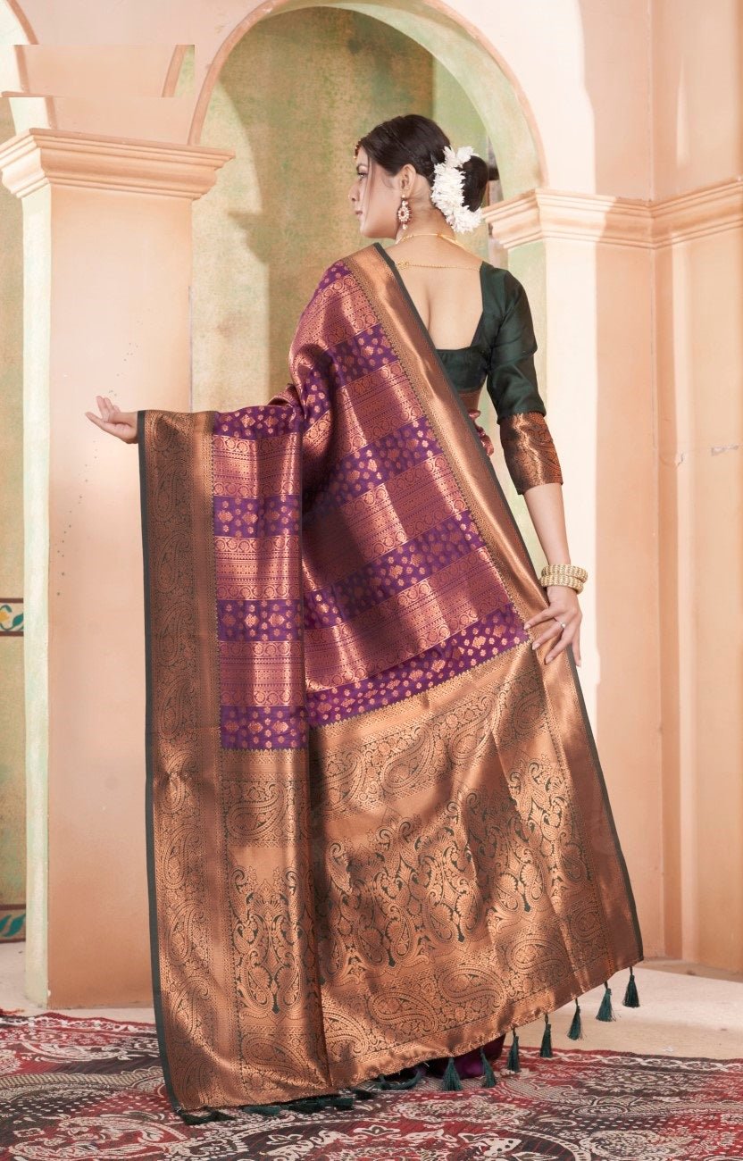 Vsaree Purple Kanjivaram Silk Saree With Designer Zari Weaving Border And Blouse