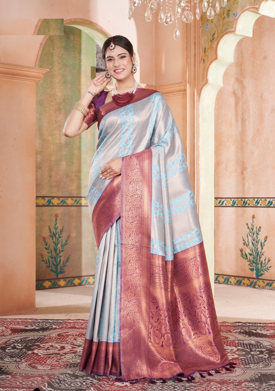 Vsaree Sky Blue Kanjivaram Silk Saree With Designer Zari Weaving Border And Blouse