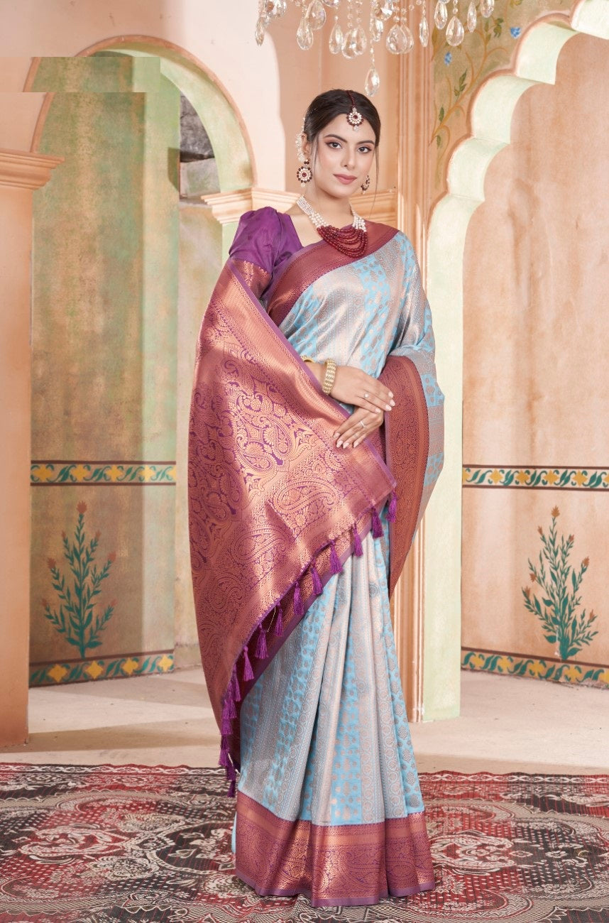 Vsaree Sky Blue Kanjivaram Silk Saree With Designer Zari Weaving Border And Blouse