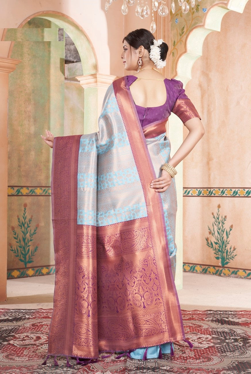 Vsaree Sky Blue Kanjivaram Silk Saree With Designer Zari Weaving Border And Blouse