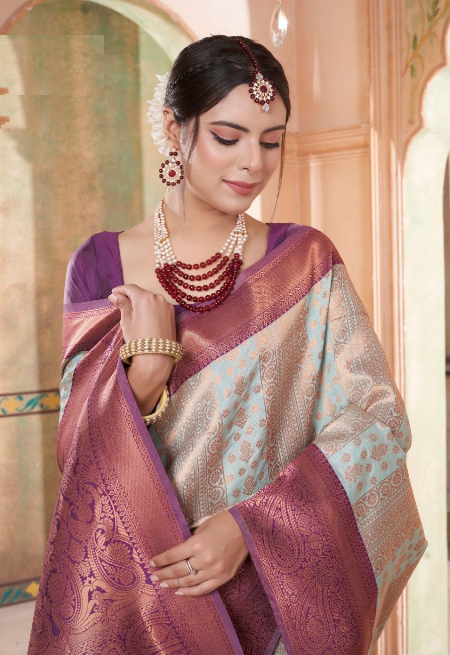 Vsaree Sky BlueKanjivaram Silk Saree With Designer Zari Weaving Border And Blouse