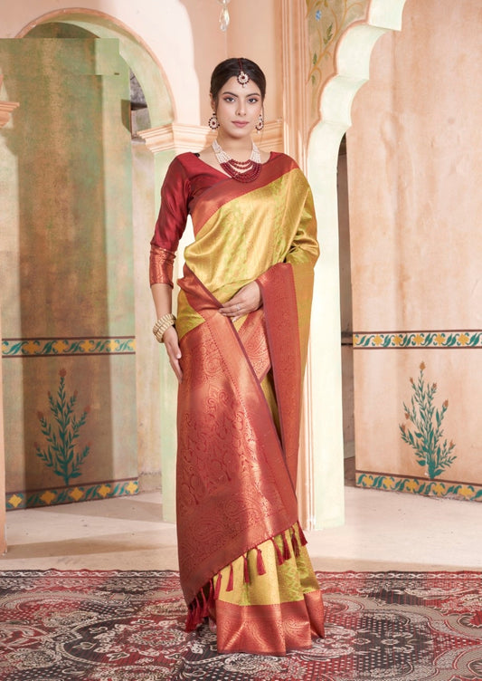 Vsaree Yellow Kanjivaram Silk Saree With Designer Zari Weaving Border And Blouse