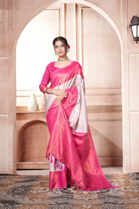 Vsaree Baby Pink Faux Kanjivaram Silk Saree With Designer Zari Weaving Border And Blouse