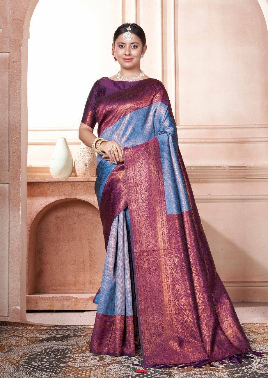 Vsaree Blue Kanjivaram Silk Saree With Designer Zari Weaving Border And Blouse