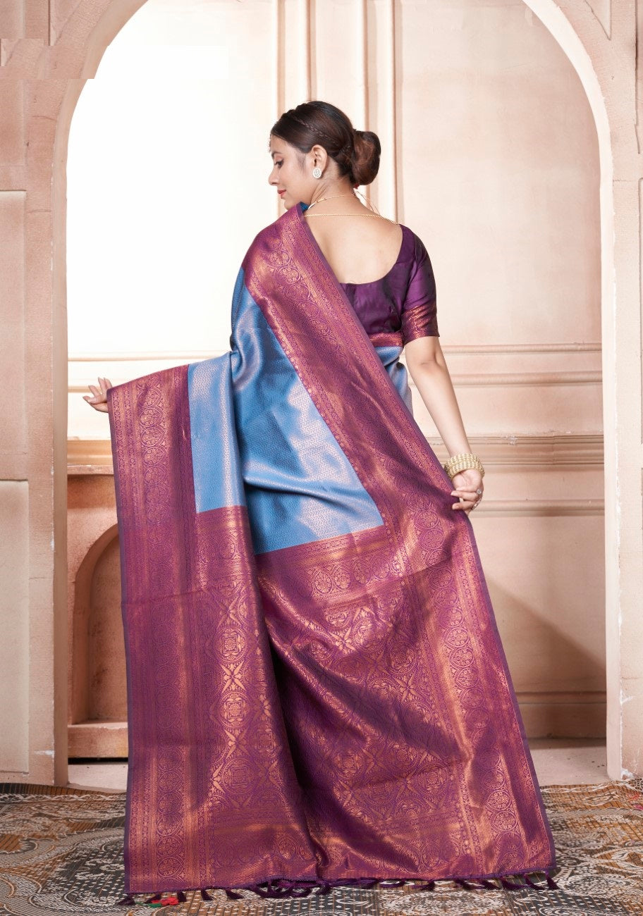 Vsaree Blue Kanjivaram Silk Saree With Designer Zari Weaving Border And Blouse