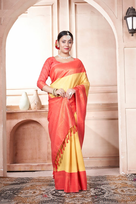 Vsaree Lemon Faux Kanjivaram Silk Saree With Designer Zari Weaving Border And Blouse