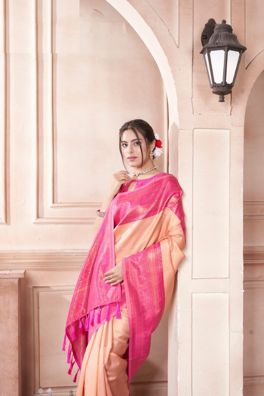 Vsaree Light Pink Faux Kanjivaram Silk Saree With Designer Zari Weaving Border And Blouse