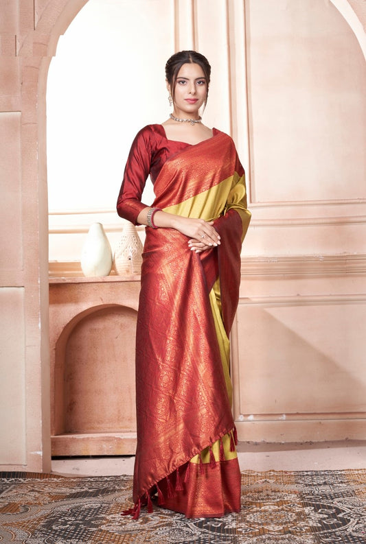 Vsaree Mustard Kanjivaram Silk Saree With Designer Zari Weaving Border And Blouse