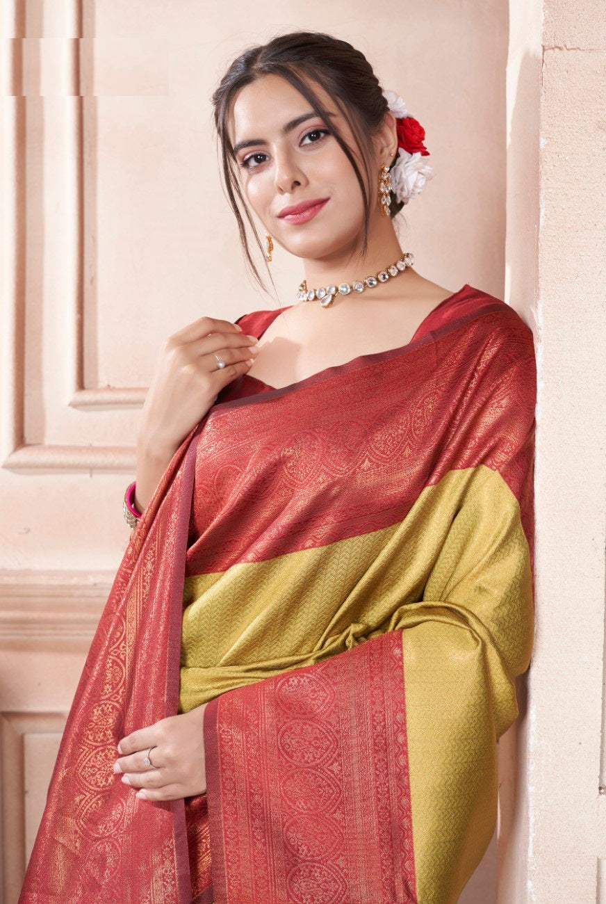 Vsaree Mustard Kanjivaram Silk Saree With Designer Zari Weaving Border And Blouse