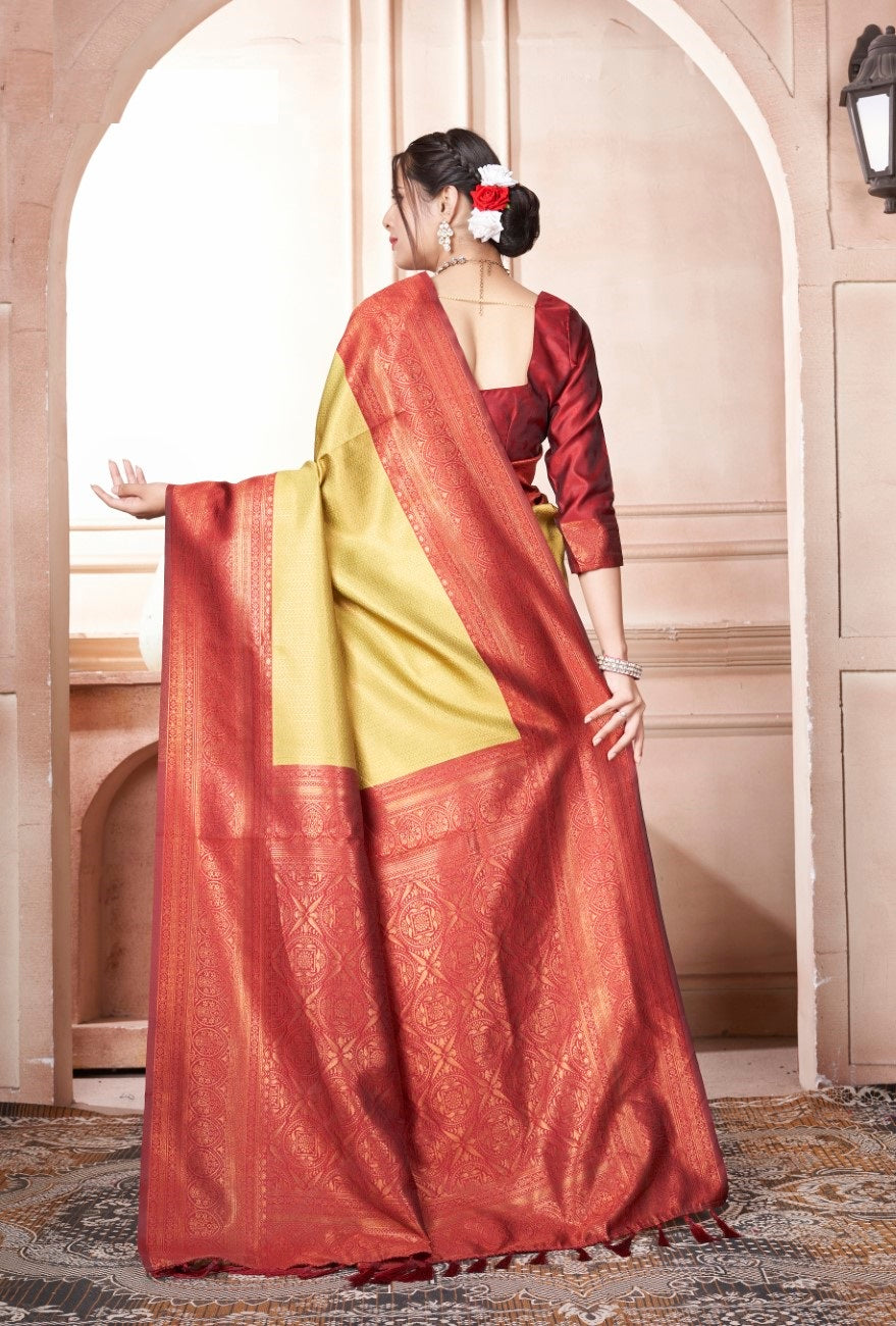 Vsaree Mustard Kanjivaram Silk Saree With Designer Zari Weaving Border And Blouse