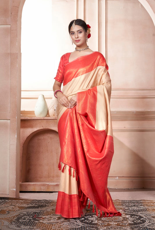 Vsaree Orange Faux Kanjivaram Silk Saree With Designer Zari Weaving Border And Blouse