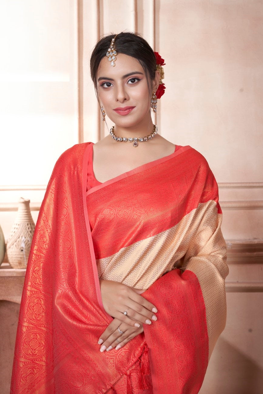 Vsaree Orange Faux Kanjivaram Silk Saree With Designer Zari Weaving Border And Blouse