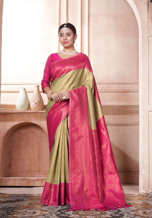 Vsaree Parrot Green Faux Kanjivaram Silk Saree With Designer Zari Weaving Border And Blouse