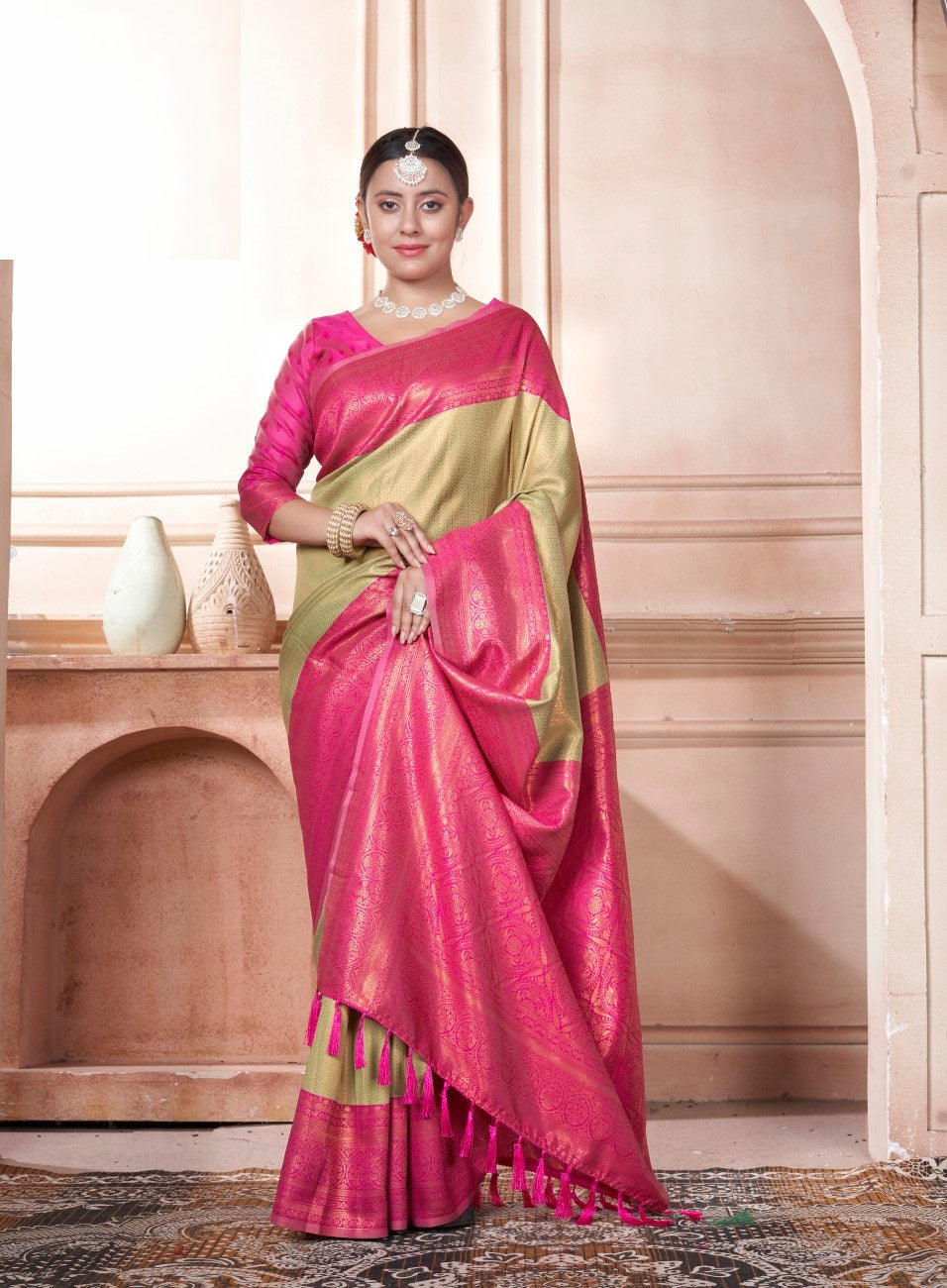 Vsaree Parrot Green Faux Kanjivaram Silk Saree With Designer Zari Weaving Border And Blouse