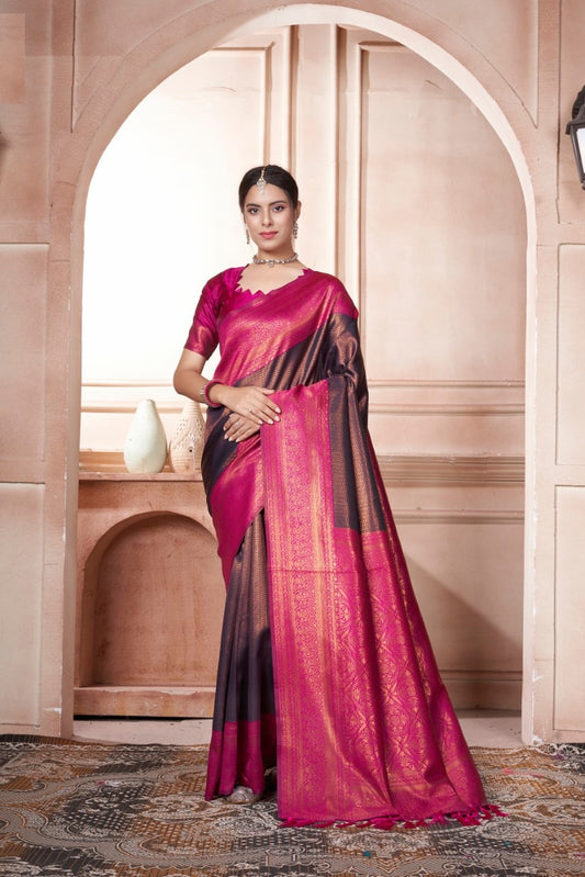 Vsaree Pink Faux Kanjivaram Silk Saree With Designer Zari Weaving Border And Blouse