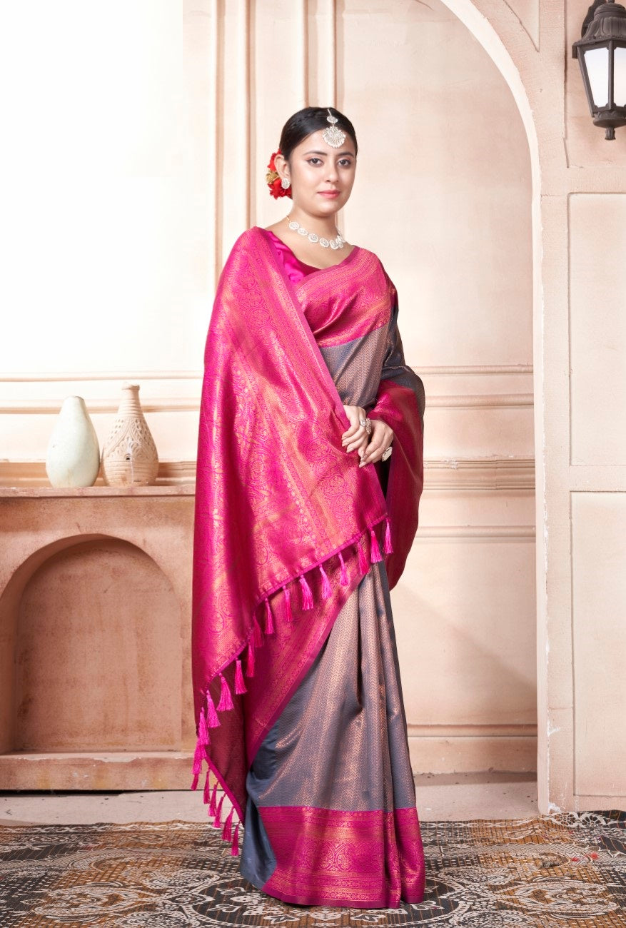 Vsaree Rani Pink Kanjivaram Silk Saree With Designer Zari Weaving Border And Blouse