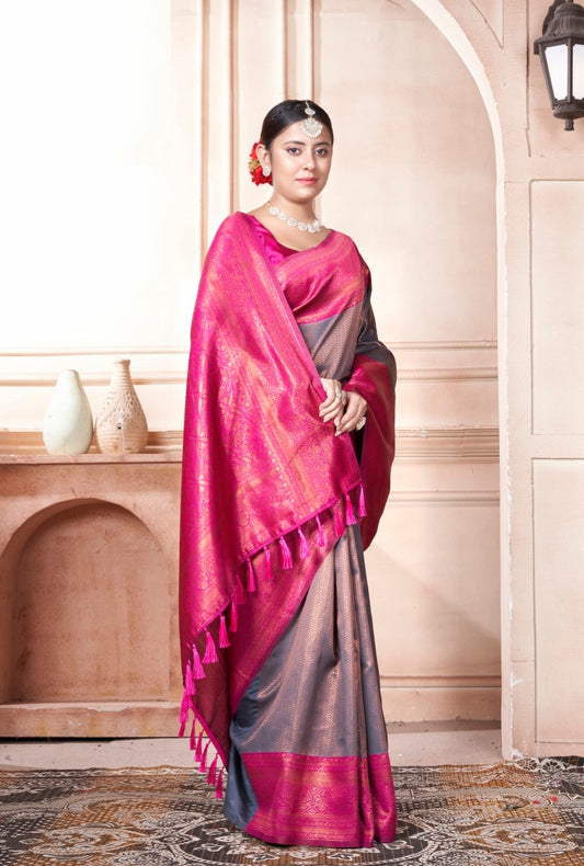 Vsaree Rani Pink Kanjivaram Silk Saree With Designer Zari Weaving Border And Blouse