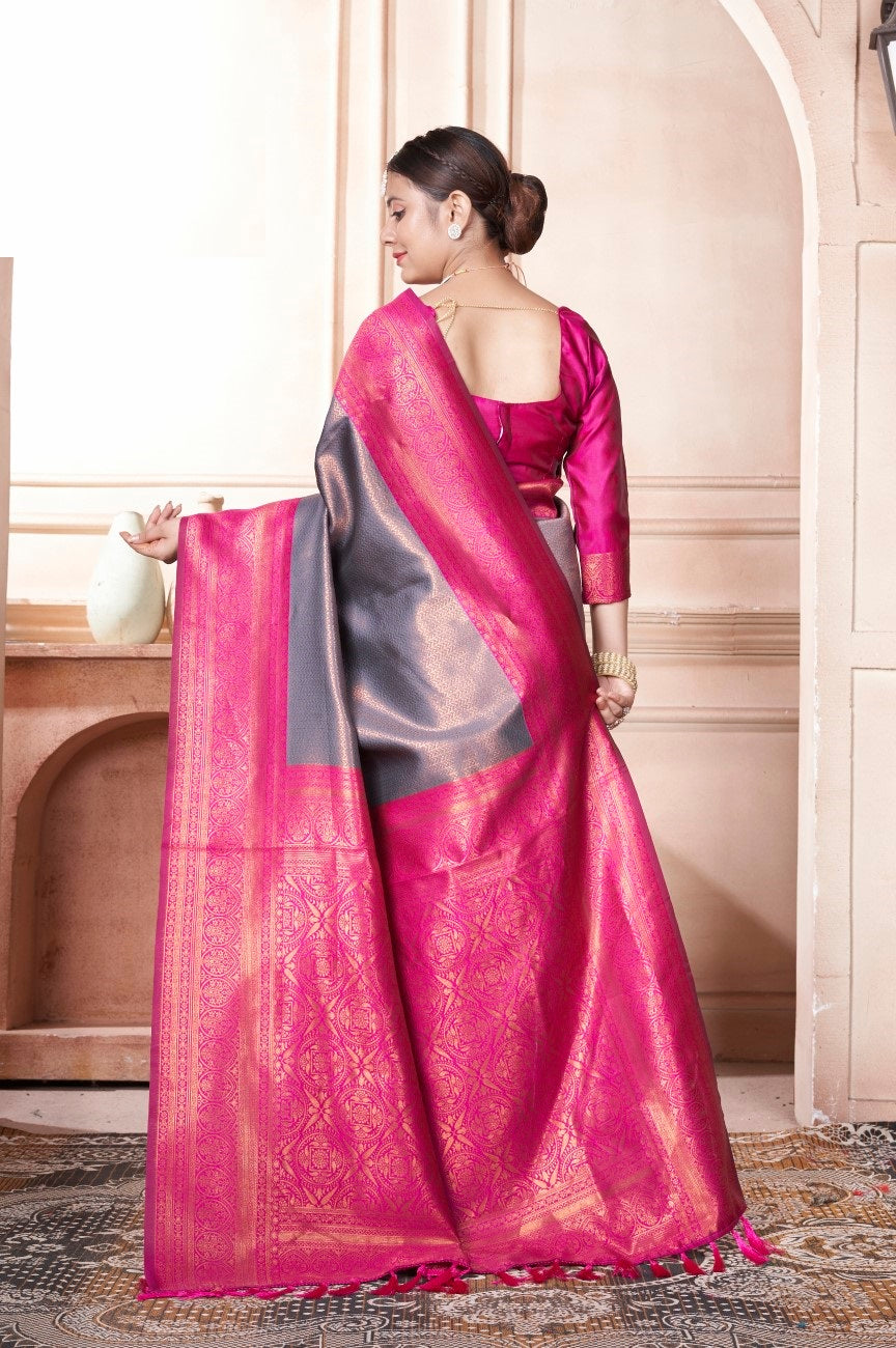 Vsaree Rani Pink Kanjivaram Silk Saree With Designer Zari Weaving Border And Blouse