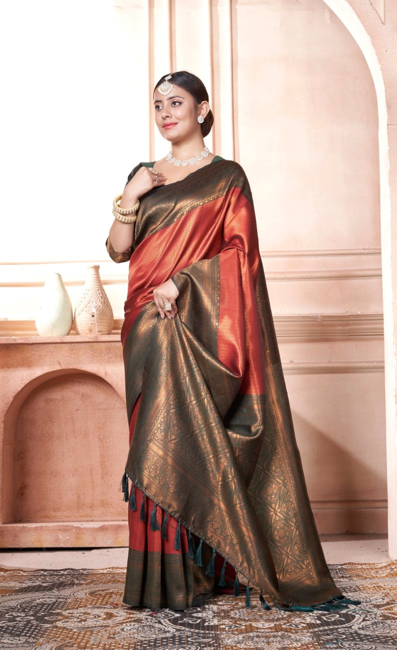 Vsaree Red Kanjivaram Silk Saree With Designer Zari Weaving Border And Blouse