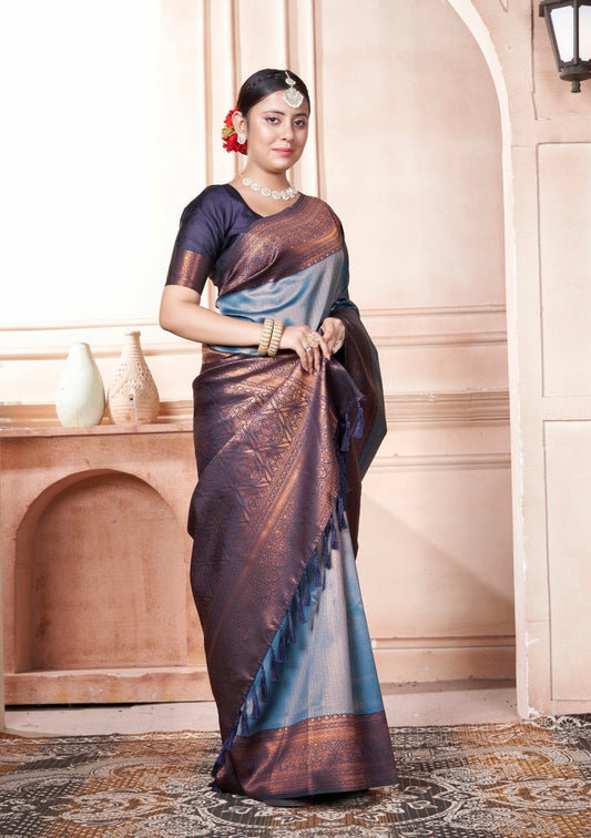 Vsaree Teal Kanjivaram Silk Saree With Designer Zari Weaving Border And Blouse