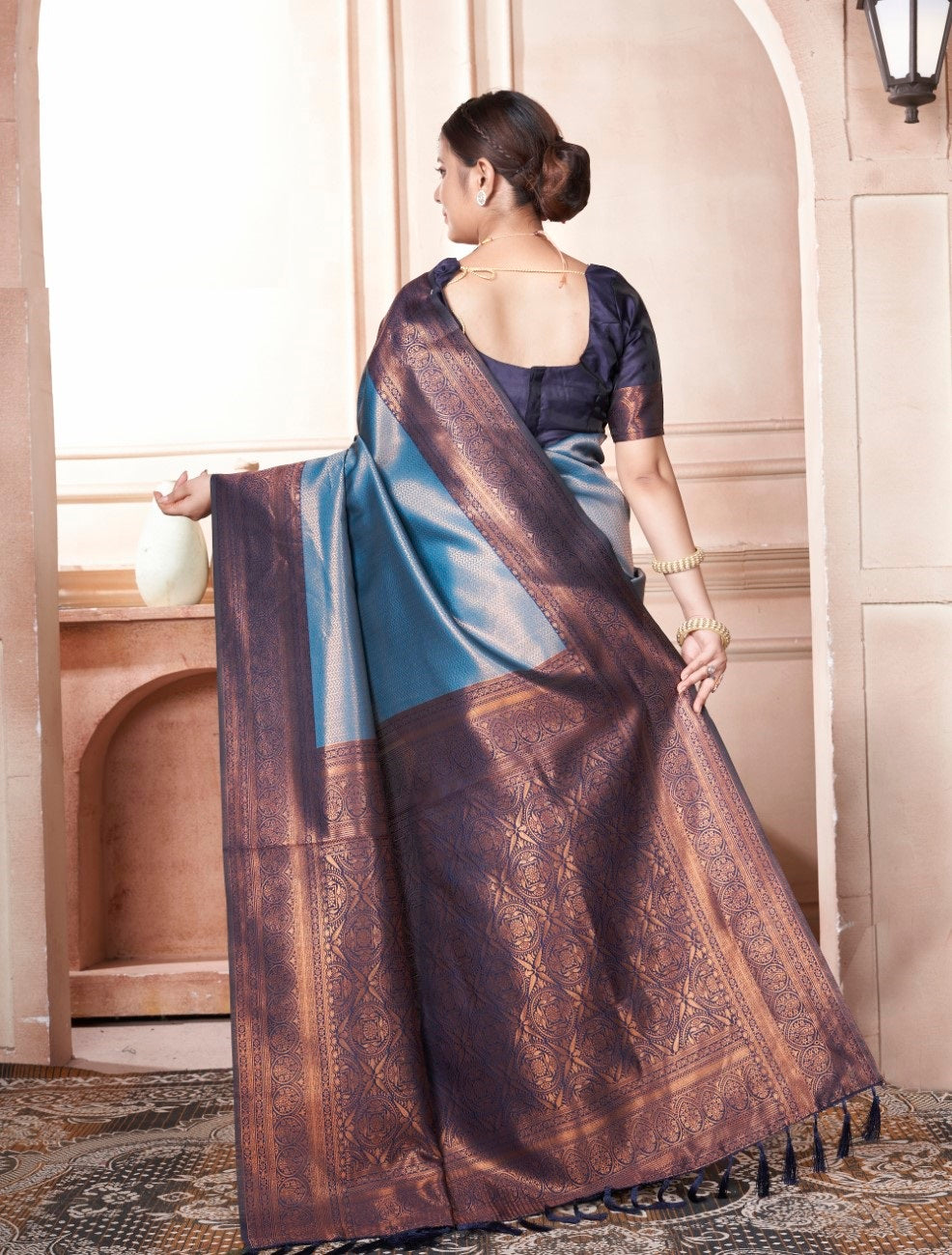 Vsaree Teal Kanjivaram Silk Saree With Designer Zari Weaving Border And Blouse