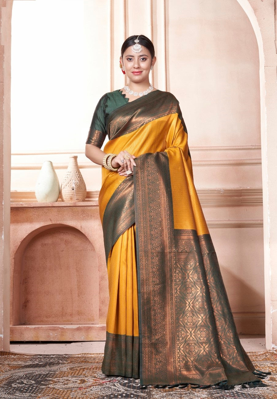 Vsaree Yellow Faux Kanjivaram Silk Saree With Designer Zari Weaving Border And Blouse