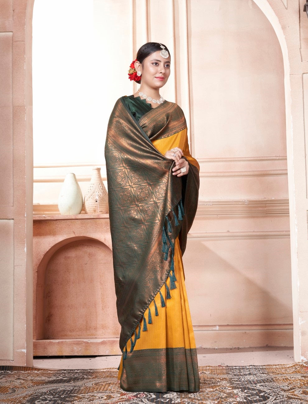 Vsaree Yellow Faux Kanjivaram Silk Saree With Designer Zari Weaving Border And Blouse