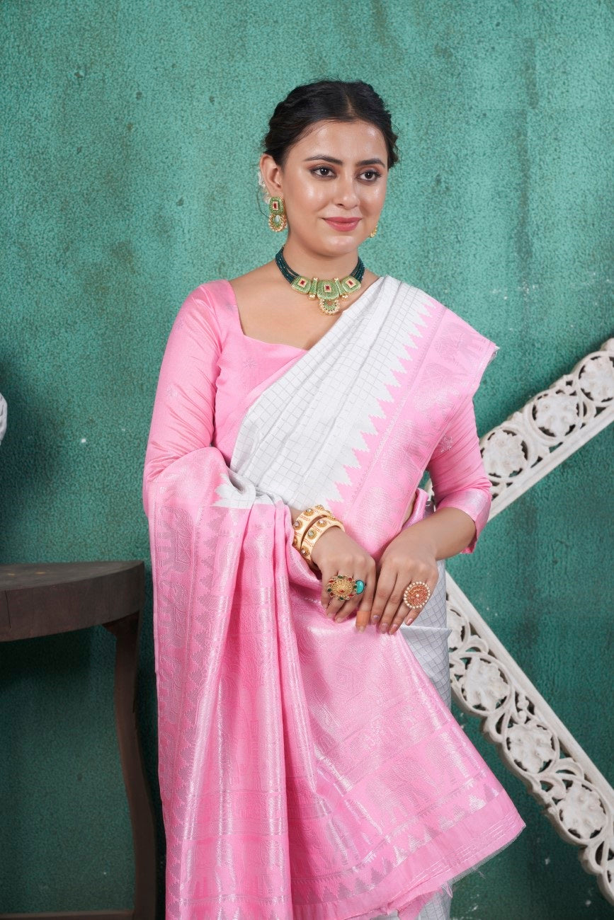 Vsaree Pink Faux Kanjivaram Silk Saree With Designer Zari Weaving Border And Blouse