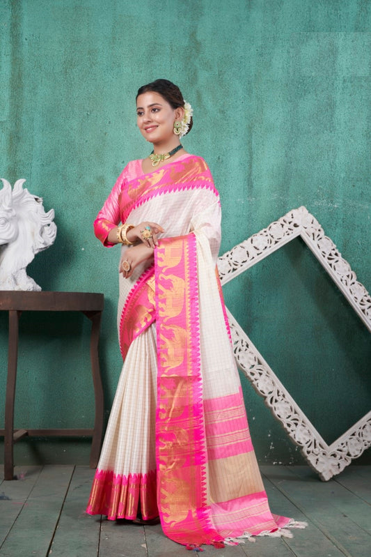 Vsaree Rani Pink Faux Kanjivaram Silk Saree With Designer Zari Weaving Border And Blouse