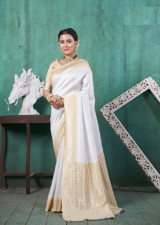 Vsaree White Faux Kanjivaram Silk Saree With Designer Zari Weaving Border And Blouse