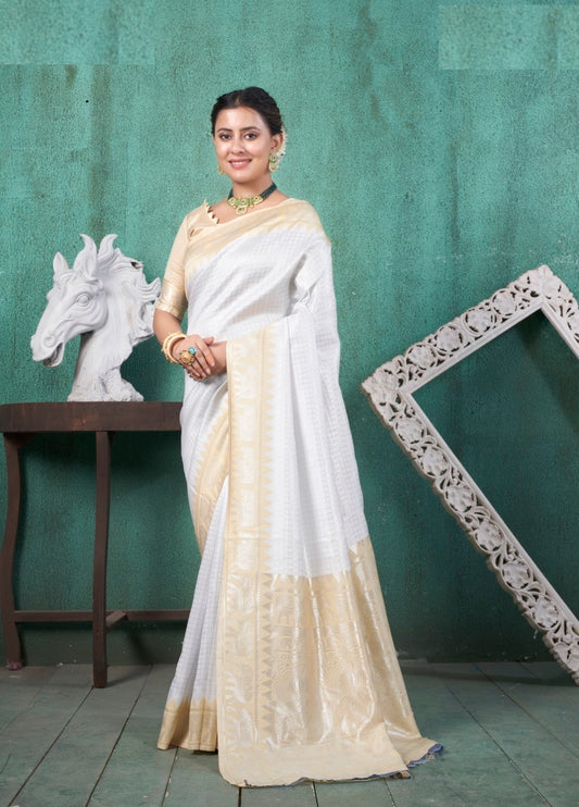 Vsaree White Faux Kanjivaram Silk Saree With Designer Zari Weaving Border And Blouse