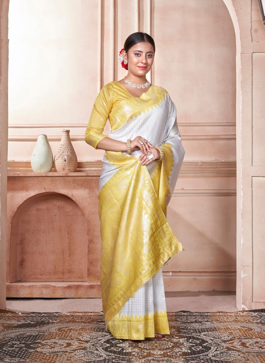 Vsaree Yellow Faux Kanjivaram Silk Saree With Designer Zari Weaving Border And Blouse