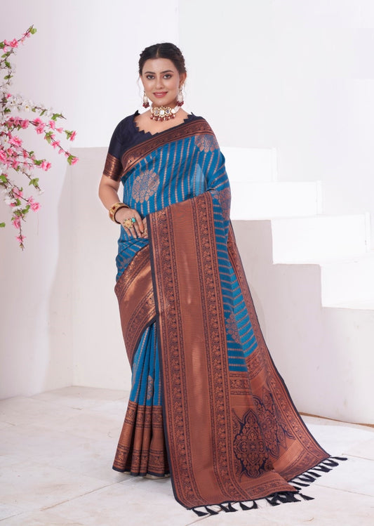 Vsaree Blue Kanjivaram Silk Saree With Designer Zari Weaving Border And Blouse