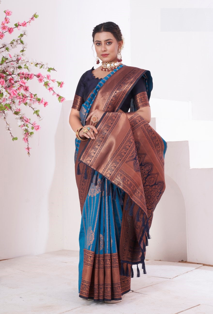 Vsaree Blue Kanjivaram Silk Saree With Designer Zari Weaving Border And Blouse