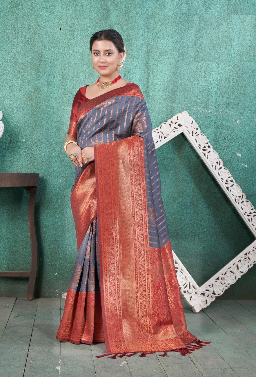 Vsaree Grey Kanjivaram Silk Saree With Designer Zari Weaving Border And Blouse