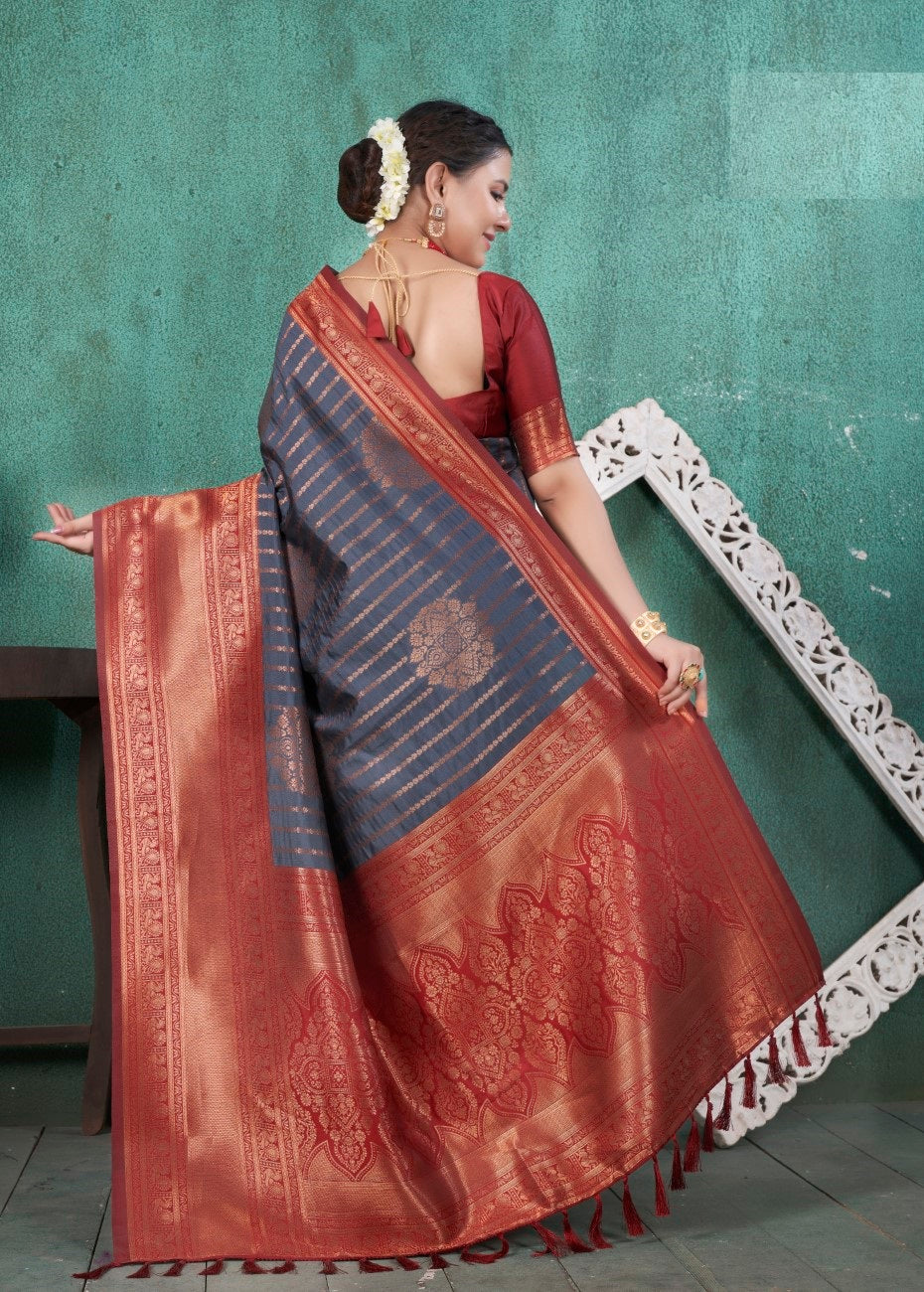 Vsaree Grey Kanjivaram Silk Saree With Designer Zari Weaving Border And Blouse