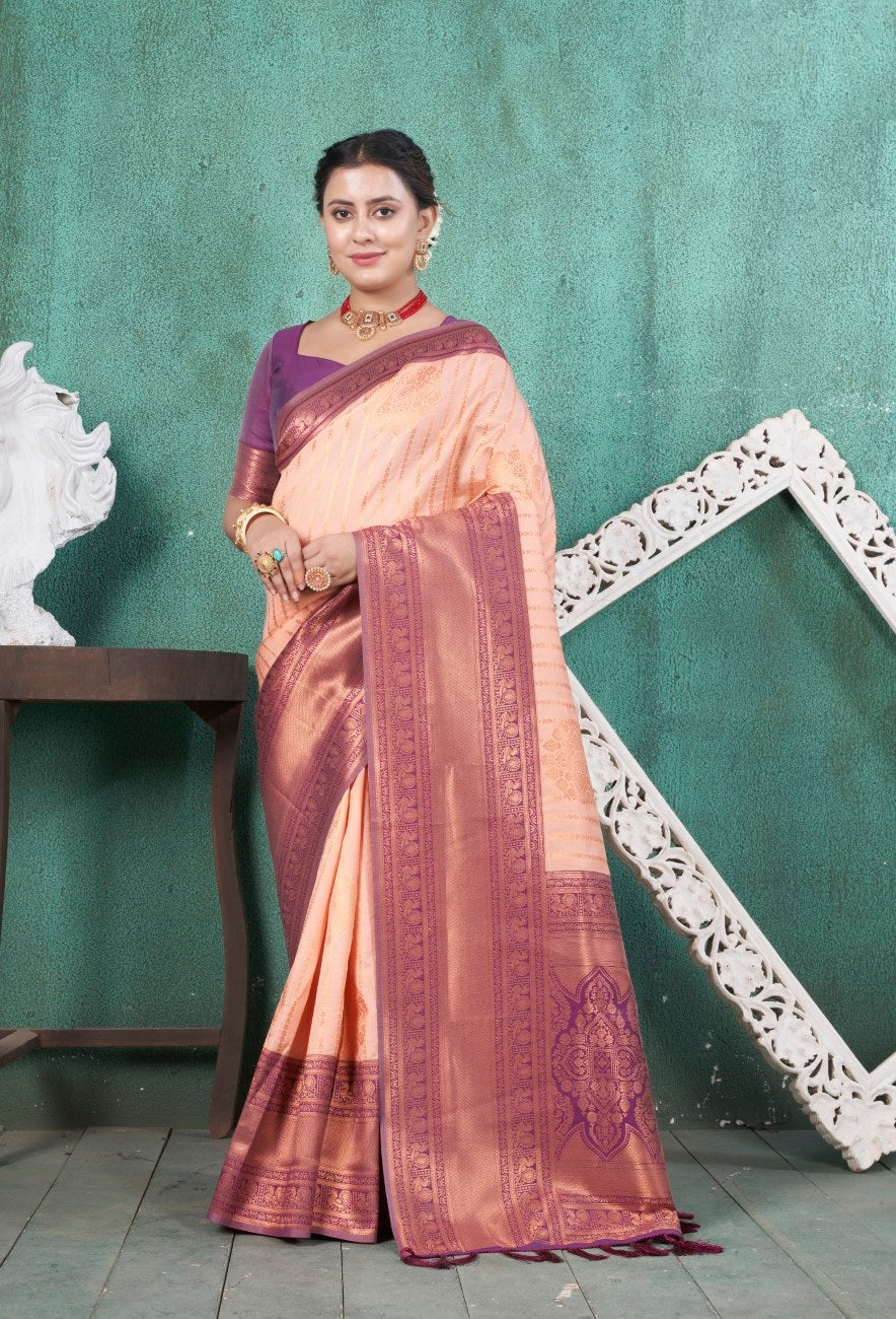 Vsaree Lavender Kanjivaram Silk Saree With Designer Zari Weaving Border And Blouse