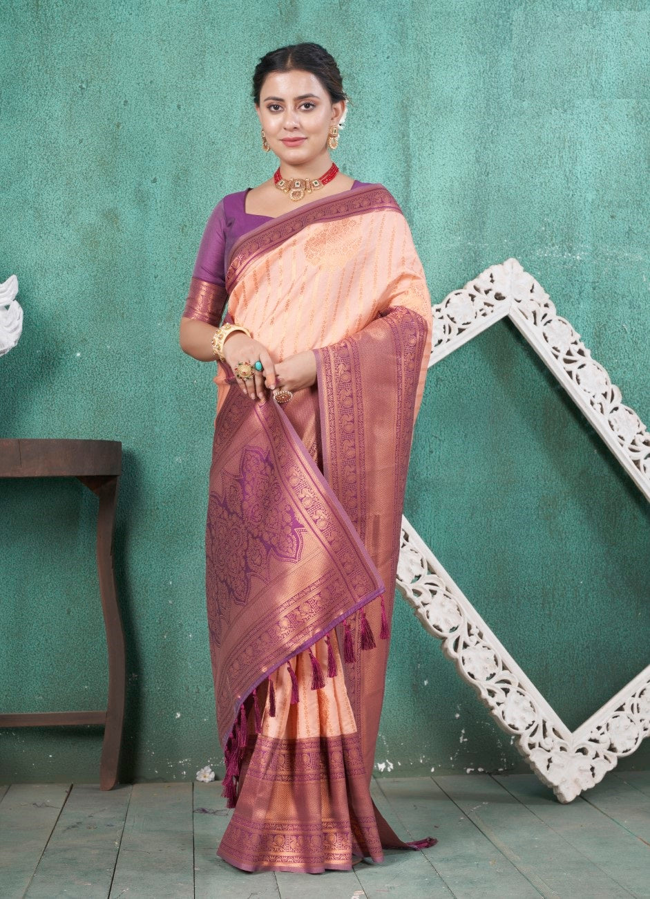 Vsaree Lavender Kanjivaram Silk Saree With Designer Zari Weaving Border And Blouse