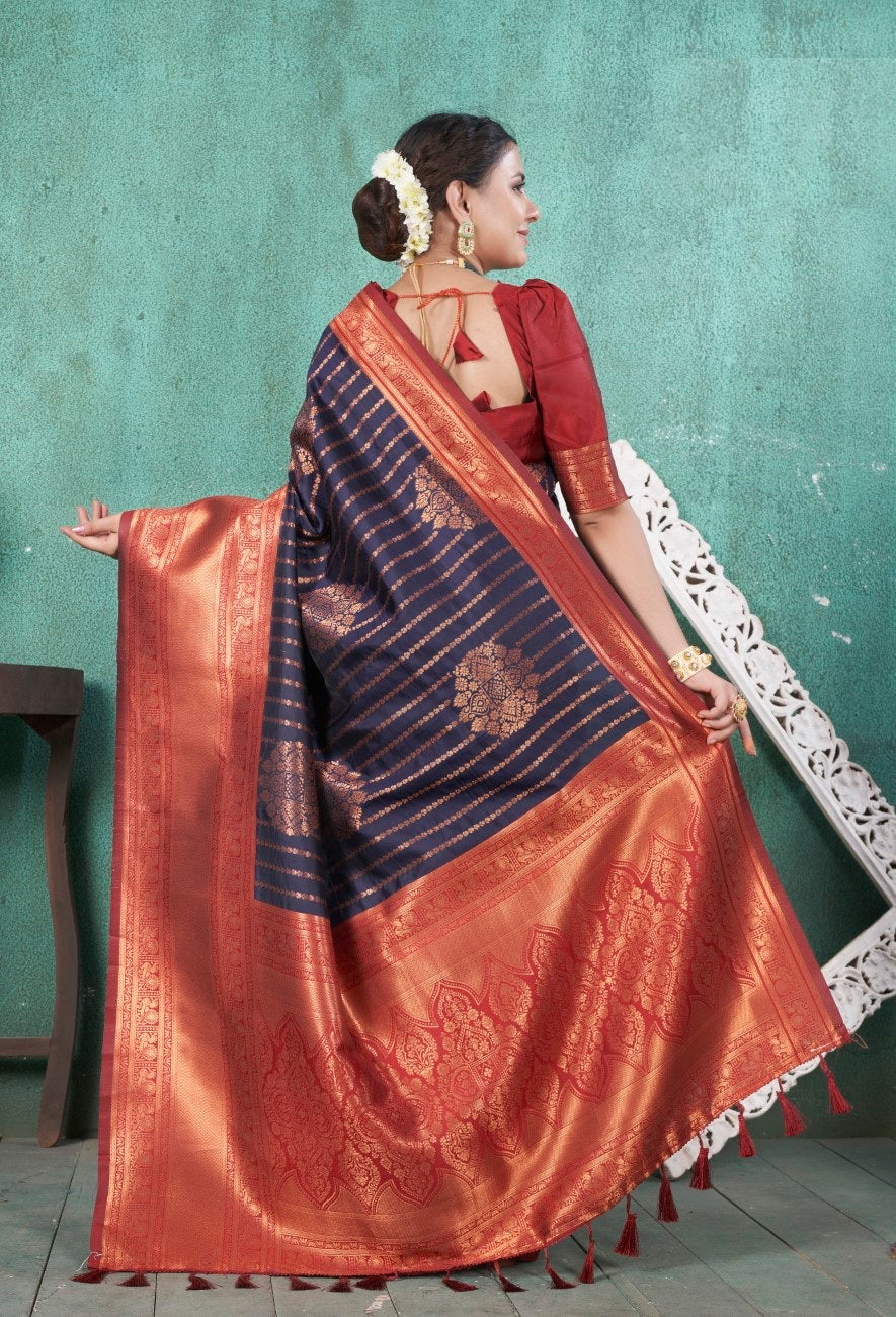 Vsaree Nvay Blue Kanjivaram Silk Saree With Designer Zari Weaving Border And Blouse